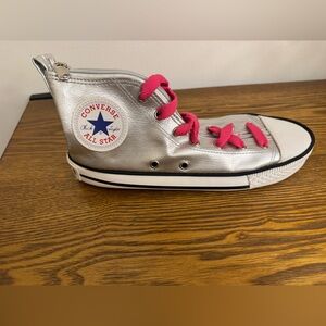 Converse Metallic Silver High-Top with Pink Accents shoe shaped pencil case. EUC